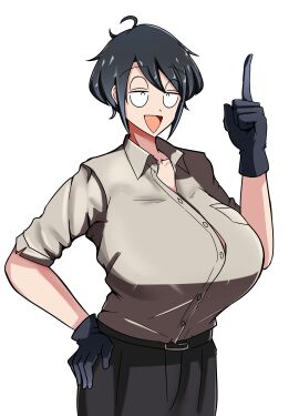 1girls 30th_video_rentals alternate_costume beefy belt belt_buckle big_breasts big_female black_gloves black_hair black_pants breast_pocket breasts bulk busty button_down_shirt cleavage fanart female giantess gigantic_breasts gloves hands_on_hips hips huge huge_boobs huge_breasts indie_virtual_youtuber kataochi_chuuko kataoti_30 large_boobs large_breasts large_female legs mini_giantess mouth_open nakako_kataochi office_clothing pants plump pointing_up shirt short_hair smiling taller_female thick thighs tight_clothing virtual_youtuber vtuber wide_hips