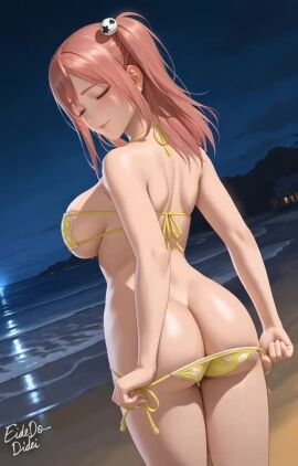1girls ai_generated animated ass beach bikini dead_or_alive eidedodidei golden_bikini honoka_(doa) night outdoors pink_eyes pink_hair shiny_skin straight tagme undressing video