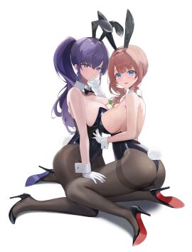 2girls areola areola_slip areolae areolae_slip asahina_mafuyu ass big_breasts blue_eyes blush breasts breasts_out bunny_ears bunny_girl bunny_tail bunnysuit carrot cleavage clothed clothing female female_focus female_only full_body gloves high_heels high_resolution highres light_brown_hair looking_at_viewer mochizuki_honami multiple_females multiple_girls naked object_between_breasts partially_clothed partially_clothed_female partially_nude partially_undressed ponytail pov project_sekai purple_hair sideboob sitting thighs tits_out white_background yuri