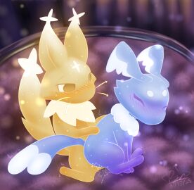 ambiguous_penetration bichi_(furality) blue_body blue_fur blush bodily_fluids closed_eyes digital_media_(artwork) duo female feral feral_on_feral feral_penetrated fur fur_tuft furality genital_fluids glowing glowing_body half-closed_eyes hi_res male male_penetrating narrowed_eyes on_bottom on_top penetration reverse_cowgirl_position rymherdier sex tail tuft yellow_body yellow_eyes yellow_fur