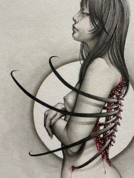 black_hair bleeding breasts commentary completely_nude english_commentary exposed_bone expressionless female from_side gore guro highres long_hair looking_at_viewer meimaro nipples nude original painting_(medium) ribs sideways_glance small_breasts solo spine traditional_media yellow_nails