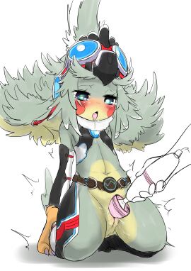 1other absurdres ambiguous_gender blush blush_stickers body_fur core_crystal core_crystal_(xenoblade) female finch_(xenoblade) full_body furry furry_female goggles goggles_on_head green_eyes green_hair highres hitachi_magic_wand holding open_mouth pussy pussy_juice saliva sex_toy simple_background solo solo_focus taiyaki_(powan_po40) tongue tongue_out vibrator white_background xenoblade_chronicles_(series) xenoblade_chronicles_2