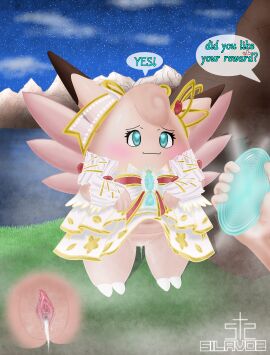 after_sex ambiguous_gender anthro blue_eyes blush bodily_fluids clefable clitoris clothed clothing clothing_lift cum cum_drip cum_in_vagina cum_inside dress dress_lift dripping duo elegant_style_clefable female generation_1_pokemon genital_fluids genitals grass heart_eyes heart_symbol hi_res holowear_(pokemon) hypnosis hypnotic_clothing hypnotic_device hypnotic_eyes imminent_sex leaking_cum looking_at_viewer mind_control mountain navel night nintendo orgasm pink_body plant pokemon pokemon_(species) pokemon_unite pussy rock sea silavos smile smiling_at_viewer speech_bubble standing tail vaginal_fluids vulva water watermark wings