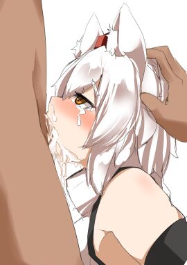 1boy absurdres animal_ear_fluff animal_ears black_gloves blush brown_eyes commentary_request crying crying_with_eyes_open cum cum_in_mouth cum_in_nose deepthroat elbow_gloves fellatio female gloves hair_between_eyes hat highres houkai_(collapse_illust) inubashiri_momiji irrumatio male momiji_inubashiri open_mouth oral penis red_hat shirt short_hair simple_background sleeveless sleeveless_shirt solo_focus straight tears textless_version tokin_hat touhou upper_body white_background white_hair white_shirt wolf_ears wolf_girl