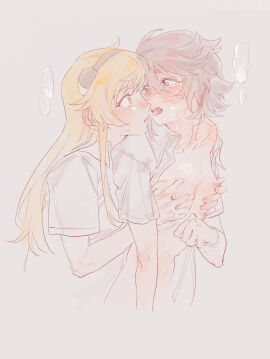 2girls blush breasts chinese_commentary commentary female grabbing_another's_breast grabbing_from_behind grey_shirt groping highres jiguang_haibao koishikawa_iko long_hair momijiyama_teru multiple_females multiple_girls nipples shirt short_hair short_sleeves shy_(series) small_breasts tearing_up tongue tongue_out yuri