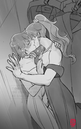 2girls ami_mizuno bishoujo_senshi_sailor_moon blush breasts dress female holding_partner jupimakyu makoto_kino monochrome pinned_to_wall sailor_jupiter sailor_mercury through_clothes touching_breast yuri
