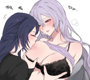 acheron_(honkai:_star_rail) black_swan_(honkai:_star_rail) blue_hair boobjob boobs_focus boobs_out bra breasts honkai:_star_rail horny horny_female hoyoverse moan moaning navy_blue_hair purple_hair sucking sucking_nipples titjob titjob_pov tits_out
