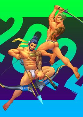 2boys activision ass bara beard blizzard_entertainment bulge fundoshi genji green_hair hanzo hanzo_shimada male male/male male_focus male_nipples male_only male_pubic_hair muscular muscular_male nipples overwatch overwatch_2 pubic_hair solo_male thong tosyo510 underwear yaoi young_genji