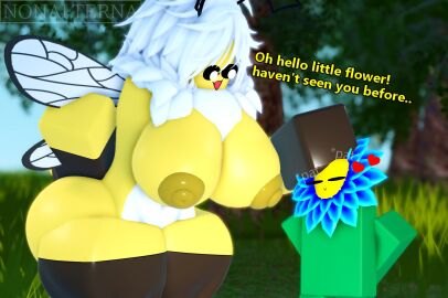 1boy 1girls 3d 3d_(artwork) anthro ass bee bee_girl big_ass big_breasts breasts bug bug_girl english_text flower hair huge_ass huge_breasts humanoid hymenopteran insect_girl insect_humanoid insects large_ass large_breasts nipples nonalterna onomatopoeia roblox robloxian tagme text thick_thighs thighs watermark white_hair
