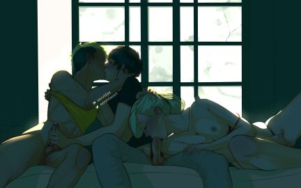 1girls 2boys absurd_res akira_kurusu ann_takamaki arm_around_partner artist_name balls bed bedroom big_breasts bisexual bisexual_male black_bra black_hair black_panties black_shirt blonde_hair blush bottomless bra_down bra_strap breast_press breasts color cum cum_drip cum_in_mouth cum_on_hand dyed_hair earrings erection fellatio female finger_fuck fingering fingering_self french_kiss functionally_nude hair_grab half-closed_eyes hand_on_another's_head handjob happy_trail higher_resolution_duplicate highres inverted_nipples joker_(persona) kissing large_breasts lighting long_hair looking_at_partner looking_pleasured lying lying_on_side male male_pubic_hair medium_penis megami_tensei mohawk multiple_boys multiple_males muscular muscular_male nipples partially_clothed penis penis_grab persona persona_5 precum precum_drip pubic_hair pubic_hair_peek ren_amamiya romantic romantic_couple ryuji_sakamoto shirtless short_hair sitting skindentation threesome uncensored unzipped unzipped_pants watermark xervidae yellow_shirt