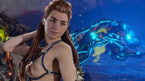 3d aloy bondage_outfit female female_only game_screenshot ginger_hair horizon_forbidden_west horizon_zero_dawn nipples_covered nude_mod posing smiling