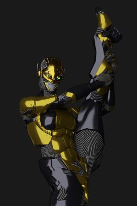 3d black_body blender_(artwork) destiny_(game) destiny_(video_game) destiny_2 exo exo_(destiny) exogold24 female functionally_nude functionally_nude_female gold-24 gold-24_(exogold24) gold_body green_eyes holding_leg holding_leg_up leg_in_air leg_lift leg_up lifting_leg multicolored_body nude nude_female robot robot_girl yellow_body