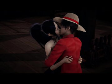 3d black_hair couple earrings female kissing male milf monkey_d_luffy nico_robin one_piece straw_hat