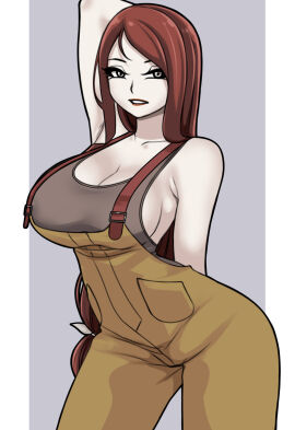 abella_(fear_and_hunger) alternate_version_at_source alternate_version_available arms_up big_breasts breasts cleavage clothed clothed_female fear_and_hunger fear_and_hunger:_termina female female_focus female_only fully_clothed large_breasts looking_at_viewer overalls pinup ponytail posing posing_for_picture posing_for_the_viewer red_hair rungbersa saberrung solo_female wide_hips