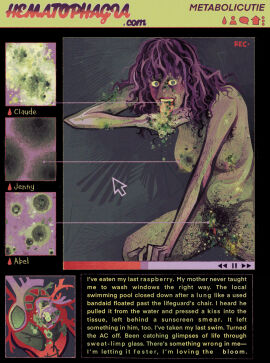 arm_hair armpit_hair breast_hair breasts chest_hair completely_nude curly_hair cursor english_text female gore guro hairy heart_(organ) highres medium_hair messy_hair mold nude original play_button pubic_hair purple_hair quezify recording rotting vomiting