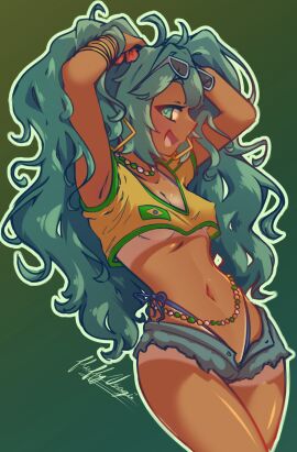 1girls blue_eyes blue_hair brazil brazilian brazilian_female brazilian_flag brazilian_miku breasts crop_top denim denim_shorts ear_piercing earrings erect_nipples erect_nipples_under_clothes female flower_in_hair fluffyusagii hands_on_head hatsune_miku latin_american_hatsune_miku_(meme) latina looking_at_viewer necklace nipples short_shorts shorts side-tie_bikini side_view small_breasts soccer_uniform sunglasses sunglasses_on_head tan-skinned_female tan_body tan_line tan_lines tan_skin tanline tanlines tanned tanned_body tanned_female tanned_skin thong twintails underboob vocaloid whale_tail