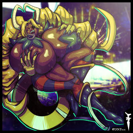 1:1 animal_hands big_breasts blonde_hair boots breasts clothing dark_body dark_skin demon dnp101 eye_patch eyewear female footwear hair hi_res horn huge_breasts humanoid hyper hyper_breasts legwear licking nipple_fetish nipple_lick nipple_play nipples shoes stockings succubus thigh_highs tongue