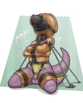 anthro balls biped chains chastity_cage chastity_device collar digital_drawing_(artwork) digital_media_(artwork) feet genitals hi_res kobold latex latex_hood male muzzle_(object) muzzled orange_latex paws penis posture_collar restraints scalie sensory_deprivation_hood simple_background solo straitjacket straps stripedcrocodile tail