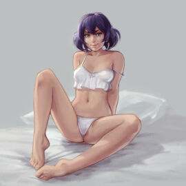 1girls alternate_costume barefoot blue_eyes dark-skinned_female dark_skin drawthread_request female full_body grey_background kujalla looking_at_viewer navel nintendo off_shoulder panties pillow pokemon pokemon_xy purple_hair short_hair sina_(pokemon) sitting solo white_panties