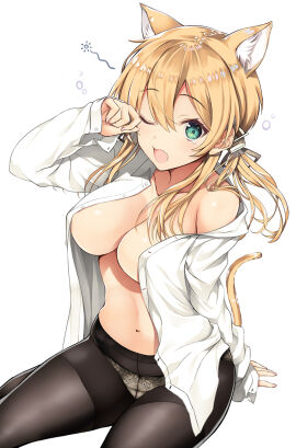 1girls animal_ear_fluff animal_ears animal_tail arm_support bare_belly bare_breasts bare_chest bare_hands bare_midriff bare_navel bare_shoulders bare_skin bare_torso belly belly_button black_legwear black_panties black_pantyhose black_underwear blonde-haired_female blonde_female blonde_hair breasts cleavage collarbone dot_nose eyebrows_visible_through_hair female female_focus female_only fingernails fingers green-eyed_female green_eyes groin hair_between_eyes half_naked high_resolution highres hourglass_figure inuzumi_masaki kantai_collection knees large_breasts legs legwear light-skinned_female light_skin long_hair looking_at_viewer nail nail_polish naked naked_female navel nude nude_female one_eye_closed open_clothes open_clothing open_mouth open_shirt panties pantyhose parted_lips pink_fingernails pink_nail pink_nail_polish prinz_eugen_(kantai_collection) pussy shirt shoulders simple_background sitting sitting_on_ass sitting_on_floor sitting_on_ground sitting_on_knees sleepy slender_body slender_waist slim_female slim_waist solo thick_thighs thighs thin_waist tongue twintails twintails_(hairstyle) unbuttoned unbuttoned_shirt underwear upper_body v-line waking_up white_background white_shirt wide_hips