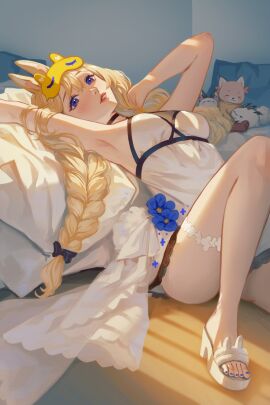 1girls alternate_costume animal_ears armpits bangs bare_shoulders blonde_hair blue_eyes blue_ribbon blush bow braid breasts bunny_ears bunny_girl dress female flower hair_between_eyes hair_flower hair_ornament large_breasts long_hair looking_at_viewer lying nail_polish on_back open_mouth sandals see-through single_braid solo thighhighs very_long_hair virtual_youtuber vyugen white_dress white_legwear yenko