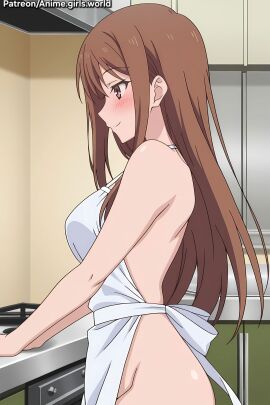1girls apron apron_only ayane_shirakawa big_breasts blush breasts brown_hair cleavage embarrassed female female_focus female_only highres kaiduka kitchen large_breasts light-skinned_female light_skin looking_away naked_apron nude nude_female overflow_(series) screencap seductive seductive_eyes seductive_look seductive_smile smile smiling smiling_at_viewer solo standing