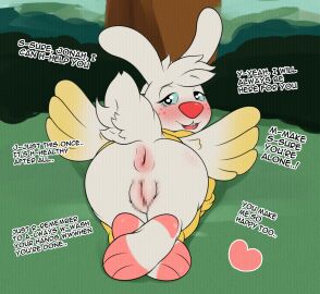 angel angel_gabby angel_hare anus ass backstreetgirl bedroom_eyes big_ass big_butt blush bottomless censored clothed clothing clothing_lift dress encouragement feet female genitals heart-shaped_pupils hi_res huge_ass huge_butt lagomorph leporid looking_at_viewer looking_back lying mammal masturbation_encouragement motherly narrowed_eyes on_front plump_labia presenting presenting_anus presenting_hindquarters presenting_pussy puffy_anus pussy rabbit raised_tail rear_view reassuring scut_tail seductive short_tail solo tail tail_anus talking_to_viewer the_east_patch vhs_filter wings