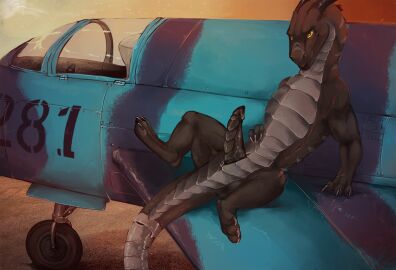 2017 3_toes aircraft airplane black_body black_penis claws countershade_neck countershade_tail countershade_torso countershading cybernetics cyborg dragon erection feet feral gay gay_male genitals grin homosexual homosexual_male horn i-psilone looking_at_viewer machine male mig-21 mythological_creature mythological_scalie mythology outside penis plated_scales scales scalie scar sitting smile solo solo_male spread_legs spreading stripes sunset tail thal_verscholen thumbless toes vehicle yellow_eyes
