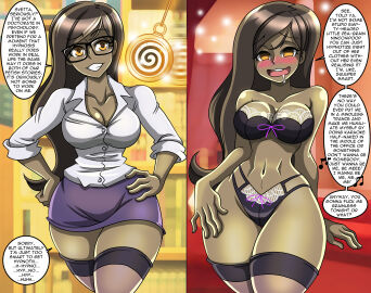 absurdres before_and_after big_breasts bimbo bimbofication blush brain_drain breasts brown_hair bubble_butt cleavage dark_skin denial dress_shirt drool drooling empty_eyes english_text female female_only femdom femsub fit fit_female glasses hand_on_hip happy_trance horny horny_female hourglass_figure huge_breasts hypnosis large_breasts large_hips large_lips lingerie long_hair miniskirt muscular naz_(maurislave) open_mouth original pendulum pocket_watch slutification smile standing symbol_in_eyes text thighhighs thighs unaware wide_hips yellow_eyes zorro-zero