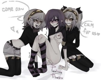 3girls artist_logo artist_signature blush blush_lines breasts coat dialogue edgy emo female female_on_female female_only fingering fingers fully_clothed glitch_productions grey_hair grey_skin grope groping groping_breasts groping_from_behind half-dressed half_naked headband holding_breast hot_topic humanized j_(murder_drones) lesbian_domination lesbian_focus lesbian_sex lesbian_threesome light-skinned_female light_skin long_hair murder_drones nipple_piercing nipples no_panties no_shoes pale-skinned_female pale_skin paralichka paralichka_private petite piercing pink_nipples purple_eyes purple_hair pussy pussy_juice robot robot_girl robot_humanoid seductive sex short_hair short_shorts shorts small_breasts speech_bubble thick_thighs thighhighs thighs threesome touching touching_breast touching_pussy twintails uzi_(murder_drones) v_(murder_drones) vegina white_skin yellow_eyes yuri