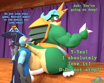 2024 3d albalbalb anal anal_sex anthro ass balls bandana big_ass big_balls big_butt black_body black_clothing black_shirt black_skin black_t-shirt black_topwear blue_body blue_eyes blue_hair blue_skin blush bulge claws clothing curtains digital_media_(artwork) drednaw drunk english_text eyebrows generation_8_pokemon genitals glass green_body green_scarf green_skin grey_clothing grey_overalls group hair hand_on_ass hand_on_butt hand_on_penis hi_res holding_glass holding_object huge_ass huge_butt inside inteleon kerchief kneeling long_penis looking_at_another looking_back looking_pleasured low_key_toxtricity lyonidas_(bouclafoutis) male male/male mantle masturbation morton_bramsay_jr. musclegut muscular muscular_anthro muscular_male nepptenio_(copyright) nintendo nipples overalls penetration penis pokemon pokemon_(species) pokemon_bouclafoutis scarf scientific_instrument shell shirt stage standing substance_intoxication t-shirt tan_body tan_skin text thermometer thick_eyebrows toe_claws tongue tongue_out topwear toru_murphy_september toxtricity trio tube watermark white_body white_skin yellow_eyes