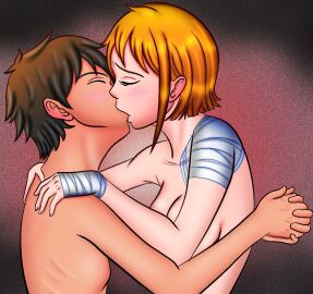 1boy 1girls bandage black_hair breasts cleavage couple embrace female flores hug implied_nudity implied_sex kissing male monkey_d_luffy nami_(one_piece) nude one_piece orange_hair pillow_shading pre-timeskip romantic short_hair sitting sitting_on_lap wholesome