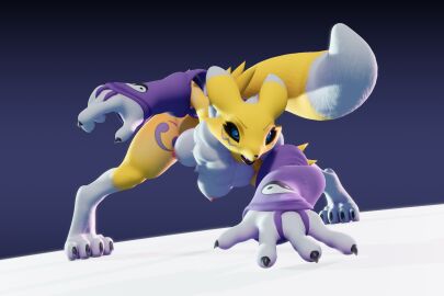 3:2 3d action_pose angry anthro bandai_namco big_breasts black_sclera blender_(artwork) blue_eyes breasts canid canine chest_tuft claws clothed clothing digimon digimon_(species) digital_media_(artwork) digitigrade dynamic_pose ears_back feet female fever-dreamer fur hi_res mammal mostly_nude multicolored_body multicolored_fur nipples paws pivoted_ears pose renamon renamon_(dogzeela) simple_background snarling solo superhero_landing toes tuft white_body white_fur yellow_body yellow_fur