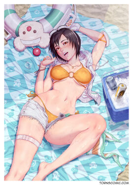 beach bikini black_hair blush breasts cooler female final_fantasy final_fantasy_vii final_fantasy_vii_rebirth final_fantasy_vii_remake hazel_eyes large_breasts seaside short_hair short_shorts thick_thighs torn_s yuffie_kisaragi yuffie_kisaragi_(summer_orange)