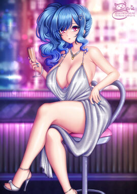 1girls artist_logo azur_lane bare_arms bare_legs bare_shoulders blue_hair blue_nails bracelet breasts champagne_flute cleavage crossed_legs cup dress drinking_glass eagle_union_(azur_lane) evening_gown female hair_ornament hairclip high_heels highres holding holding_cup indoors jewelry large_breasts light-skinned_female light_skin looking_at_viewer nail_polish necklace official_alternate_costume pink_eyes plunging_neckline revealing_clothes sevie side_ponytail sidelocks silver_dress silver_footwear sitting st._louis_(azur_lane) st._louis_(luxurious_wheels)_(azur_lane)
