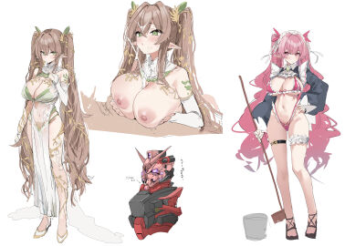1boy 2girls absurdres alreadyusedpai bikini blush breasts bridal_gauntlets brown_hair bucket cleavage closed_mouth cum cum_on_body dress ejaculation facial female frills green_bikini green_eyes gundam gundam_gquuuuuux hair_between_eyes hand_on_own_hip highleg highleg_bikini highres holding large_breasts long_hair long_sleeves male mecha mobile_suit multiple_females multiple_girls multiple_views nipples original paizuri parted_lips pelvic_curtain pink_eyes pink_hair pointy_ears red_gundam robot see-through_clothes see-through_dress simple_background skindentation standing sweat swimsuit thigh_strap twintails very_long_hair white_background white_dress