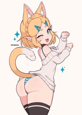 1girls absurd_res ass ass_focus blonde_hair breath_of_the_wild cat_ears cat_girl cat_tail catgirl cremanata curvy curvy_female curvy_figure female female_only hi_res kemonomimi_mode light-skinned_female light_skin nintendo panties princess_zelda side_view sparkles tears_of_the_kingdom the_legend_of_zelda thighhighs thighs zelda_(tears_of_the_kingdom)