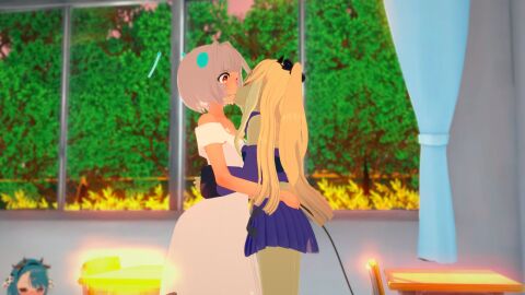 3girls ambitiouscow blonde_hair blush cerbervt classroom cow_girl cow_horns crelly demon_girl demon_horns ellie_minibot embrace eyes_half_open female green_hair heterochromia indie_virtual_youtuber indoors kissing koikatsu_(medium) one_eye_closed onlooker punishedkkanon robot_girl surprised uninvited_guest virtual_youtuber voyeurism vtuber watching window yellow_hair