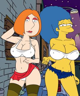 2girls alley alleyway big_breasts blue_hair breasts croc_(artist) family_guy female hooker hot imminent_sex lois_griffin marge_simpson miniskirt night orange_hair prostitute prostitution semi_nude sexy sexy_pose sluts smile smiling smiling_at_viewer street_hooker streetwalker the_simpsons whore_eyes yellow_body yellow_skin