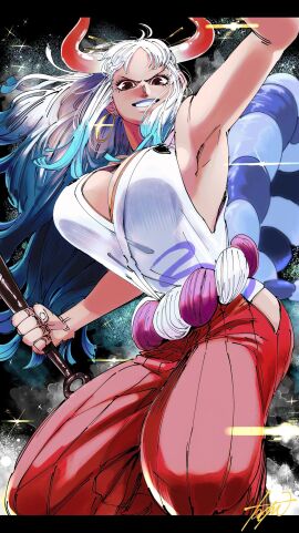 1girls armpits bare_arms bare_shoulders big_breasts breasts clothed clothing color female female_focus female_only hi_res horns large_breasts light-skinned_female light_skin long_hair looking_at_viewer no_bra one_piece red_eyes shounen_jump sideboob solo solo_female tagme taoru thick_thighs two-tone_hair white-haired_female white_hair yamato_(one_piece)