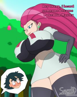 big_breasts blue_eyes breasts breasts_bigger_than_head female femdom flustered flustered_male forest fully_clothed gloves heart jessie_(pokemon) latex_gloves male massive_breasts miniskirt nintendo pink_hair pokemon pokemon_(anime) pokemon_anime satoshi_(pokemon) short_skirt snakebd team_rocket thighhighs towering underboob wink