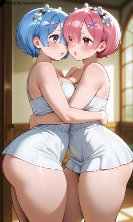 2girls ai_assisted ai_generated ass big_ass blue_hair blush bottomless bottomless_female breasts dress huge_ass hugging imminent_kiss lay-oreo looking_at_each_other medium_breasts patreon patreon_reward pink_hair ram_(re:zero) re:zero_kara_hajimeru_isekai_seikatsu rem_(re:zero) seductive seductive_look seductive_smile short_hair short_hair_female shy siblings thick_thighs thighs twins white_dress yuri