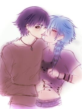 aoba_seragaki black_hair black_nail_polish black_nipples black_shirt blue_hair blue_shirt blue_topwear blush clothed clothing dramatical_murder emo gay gay_male implied_sex insankitty kissing light_blue_hair makeup male male_with_painted_nails necklace outfit ren_(dramatical_murder) scene shirt_lift shirtless style yaoi yellow_eyes