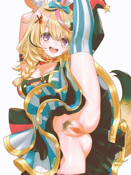 :d absurdres ahoge animal_ear_fluff animal_ears anversailles arm_strap armpits arms_up ass asymmetrical_legwear black_hair blonde_hair blue_bow blue_skirt blue_thighhighs bow bowtie braid breasts cleavage clitoris commentary commission double-parted_bangs facial_mark female female_pubic_hair fox_ears fox_girl fox_tail hair_between_eyes hair_ornament hair_over_shoulder hairbow hairclip hat heart heart-shaped_pupils highres holding_own_leg hololive hololive_gen_5 hololive_japan jester_cap layered_skirt leg_lift long_hair looking_at_viewer mark_under_eye marking_below_eyes miniskirt mismatched_legwear multicolored_hair no_panties omaru_polka omaru_polka_(1st_costume) open_mouth pink_hair pink_thighhighs pubic_hair purple_eyes pussy red_bow red_bowtie shirt side_braid simple_background single_braid skirt sleeveless sleeveless_shirt smile solo split standing standing_on_one_leg standing_split streaked_hair striped_clothes striped_skirt striped_thighhighs symbol-only_commentary symbol-shaped_pupils tail teeth thighhighs tilted_headwear traditional_bowtie uncensored upper_teeth variant_set vertical-striped_clothes vertical-striped_skirt vertical-striped_thighhighs virtual_youtuber white_background x_hair_ornament