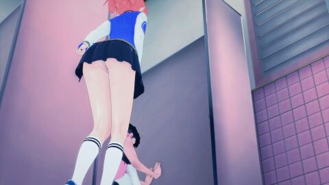 angry anus bathroom black_hair blue_shoes caught caught_in_the_act female ginger_hair green_socks hair_pin hairpin jacket koikatsu kunio-kun kyoko_(kunio-kun) misako_(kunio-kun) pants pussy pussy_juice riki_(kunio-kun) river_city_girls river_city_girls_2 sad school_bathroom schoolboy schoolgirl socks white_socks