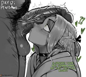 1boy 1girls braided_hair cfnm cock_shock delicious_in_dungeon dialogue drooling dungeon_meshi dwarf elf elf_female english_text female from_side green_eyes greyscale happy_trail head_out_of_frame interspecies kinktober large_penis light-skinned_male light_skin long_hair male marcille_donato mobi_mobi monochrome penis penis_awe penis_on_face penis_over_one_eye pointy_ears selective_color senshi_(dungeon_meshi) spot_color text uncensored