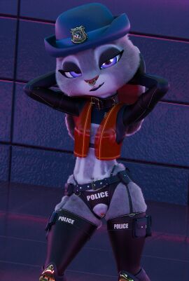 3d 3d_(artwork) blender bunny clitoris_piercing female furry judy_hopps looking_at_viewer nishikt police police_uniform small_breasts zootopia