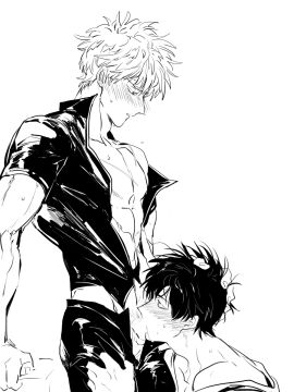 2boys blowjob blush dffr89 fellatio gay gintama gintoki_sakata hand_on_another's_head hijikata_toshiro male male_only monochrome muscular muscular_male off_shoulder open_pants open_shirt oral side_view sweat yaoi