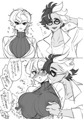 1boy 1girls alternate_breast_size arm_behind_head blush breasts briar_(pokemon) collarbone earrings female glasses greyscale hair_between_eyes heart huge_breasts human_only jacq_(pokemon) labcoat male male/female nintendo nipple_tweak nipples open_mouth picco pokemon pokemon_sv short_hair sketch straight sweat sweater translation_request turtleneck turtleneck_sweater