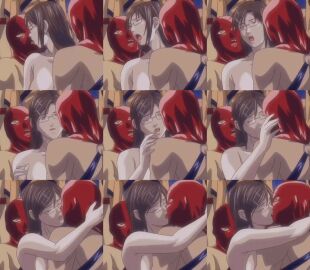 collage comic comic_panel completely_nude discipline:record_of_a_crusade female fetish_wear gangbang glasses hairclips kaneda_maiko kissing kissing_from_behind kissing_while_penetrated long_brown_hair nude nude_female threesome